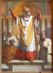 Församlingskyrka (Parochiale kerk Sint-Dionysius van Lede). Interiör. Södra gången. Altaret. Målning. Saint Denis. Signerad och daterad 1854 ThEodore-Joseph Canneel.