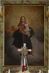 Sockenkyrka (Sint-Machutuskerk Wannegem). Interiör. Högaltaret. Målning. Signerad Van Lanselaere 1844.