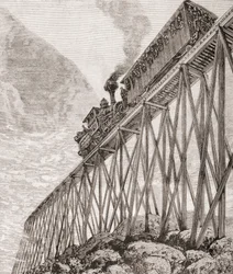 Del av en fyra kilometer lång järnväg i New Hampshire, USA, byggd för rekreationsresor och för passagerare att njuta av panoramautsikt, ca 1880, från 