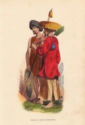 Bonde och soldat Cochinchinois (Vietnam) - Män från Vietnam (Cochinchine): soldat med turban, sköld och spjut, och bonde med halmhatt, tunika och spade - Handkolorerat träsnitt av Mercier från "Moeurs, Uses et Costumes de tous les Peuples du Monde, As