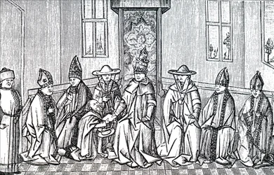 Eremiten Peter, påven Urban II och Simeon Patriark av Jerusalem.