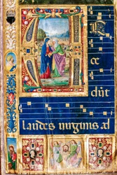 Piccolomini bibliotek: Körbok, torsk. 14.P., ff. 2r med "The Visitation of Mary and St. Mary". Elizabeth, av Giovanni di Giuliano Boccardi, känd som Boccardino den äldre. Detalj.