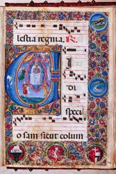 Piccolomini bibliotek: Körbok, torsk. 15.Q., ff. 64r med "Jungfruns antagande", av Guidoccio Cozzarelli och Bernardino Cignoni.