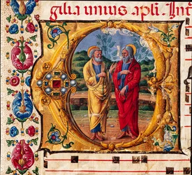 Piccolomini bibliotek: körbok, torsk. 16.1, ff. 2r med "Två apostlar", av Girolamo da Cremona. Detalj.