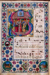Piccolomini bibliotek: körbok, torsk. 23.8, ff. 100v med "The Pentecost", av Girolamo da Cremona.