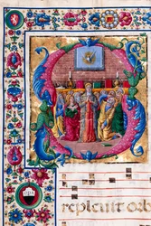 Piccolomini bibliotek: körbok, torsk. 23.8, ff. 100v med "The Pentecost", av Girolamo da Cremona. Detalj.