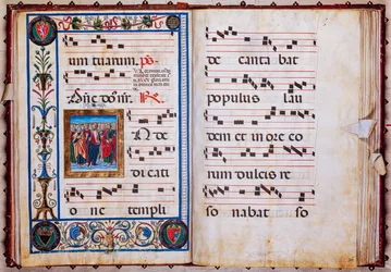 Piccolomini bibliotek: körbok, torsk. 26.R, ff. 29v-30r med "Kristus och alla heliga", av Giovanni di Taldo.