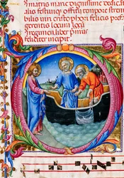 Piccolomini bibliotek: körbok, torsk. 27.11, ff. 1r med "Calling of St. Peter and St. Andrew", av Sano di Pietro. Detalj.