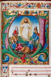 Piccolomini bibliotek: körbok, torsk. 29.13, ff. 30r med "Transfiguration", av Florentine illuminator. Detalj.
