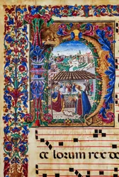 Piccolomini bibliotek: körbok, torsk. 2.B, ff. 5v med "Nativity", av Florentine illuminator. Detalj.