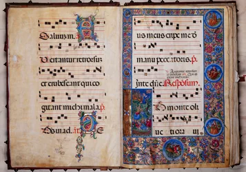 Piccolomini bibliotek: körbok, torsk. 8-H, ff. 1v-2r med "Kristus i Getsemane trädgård", av Bernardino Cignoni.