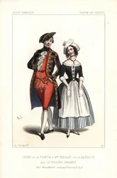 Pierre-Cheri Lafont i rollerna som Frontin och Madame Bressant eller Augustine Dupont som Marinette i Theophile Gautiers Le Tricorne Enchante, Theatre des Varietes