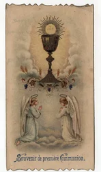 Fromma bild: två änglar ber inför en bägare varifrån en värd kommer ut med JHS christogram - Bild ges för en första nattvard 1925