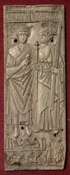 Tavla föreställande Basiliscus, kejsaren av östern (d.478) med en stridsvagn nedanför, romersk, 480 e.Kr. (elfenben)