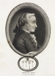 Porträtt av filosofen Immanuel Kant (1724-1804) i en ram bildad av en orm som biter sig själv i svansen
