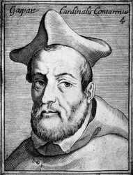 Porträtt av Gasparo Contarini (1483-1542), italiensk kardinal och biskop, gravyr från de mest berömda ikonerna av all dygd och vetenskap, av Claudius Pernetus