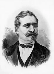 Porträtt av Giovanni Prati (1815-1884), italiensk poet och politiker, gravyr av Centenari efter fotografi av Michele Schemboche (aktiv ca 1856-1906)