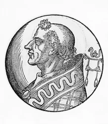 Porträtt av Johannes II (Mercurius av Projectus, död 535), 56:e påven av katolska kyrkan från 533, gravyr