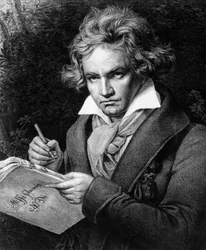 Porträtt av Ludwig van Beethoven (1770-1827), tysk musiker, som komponerar Missa solemnis, efter en målning av Karl Joseph Stieler (1781-1858)