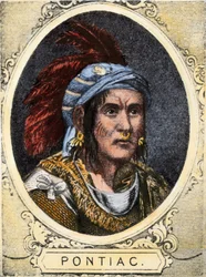 Porträtt av Pontiac (eller Obwandiyag, ca. 1714-1769), hövding för indianstammen Outaouais-indianerna från Detroit (Ottawa-nationen). Färggravyr från 1800-talet.