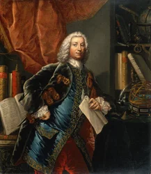 Porträtt av en gentleman i hans arbetsrum med vetenskapliga instrument, ca 1750