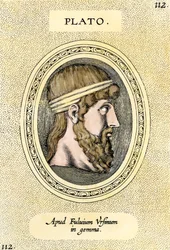 Porträtt av den grekiske filosofen Platon (428-348 f.Kr.) Gravyr.