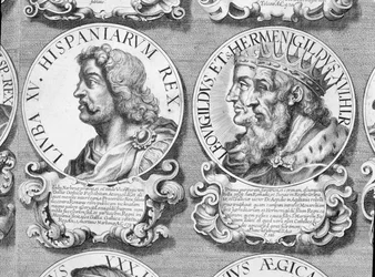 Porträtt av Liuva I, Liuvigild och Hermenegild (litho)