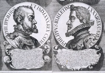 Porträtt av Filip II och Filip III av Spanien (litho)