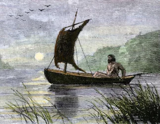 Förhistorisk navigering, roddkanot med segel av djurhud.