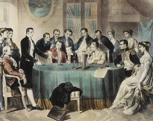 Voltas presentation 1801 av experimenten med det elektriska batteriet för förste konsuln Napoleon Bonaparte (gravyr)