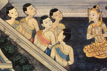 Prins Rama. Väggdetalj på innerväggarna i Vihara från kung Rama III:s era föreställande Ramakien. Wat Pho - Wat Phra Chetuphon. 1788. Bangkok. Thailand