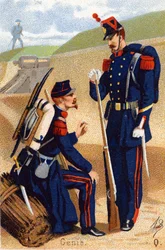 F: Genie. Gravyr i "Militäralfabetet". Illustratörens initialer: A. D. Okänd utgivare. Kromolitografier från slutet av 1800-talet. Mått: 10,5x7 cm.