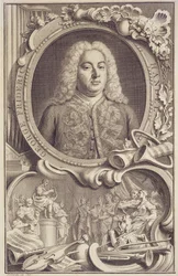RM 7.f.5 George Frederick Handel (1685-1759), frontispice till "Israel in Egypt", graverad av Jacobus Houbraken (1698-1780)