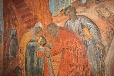 RYSSLAND, Uglich, rysk-ortodoxa kyrkan St Dimitrius on the Blood (1630), fresk föreställande Demetrius (son till Ivan den förskräcklige) död