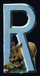 R som kanin. Beetle decoupis på temat djur. Gravyr. Serie om 26 våffelkromolitografier av engelskt ursprung. Redaktör och illustratör okänd. Slutet av 1800-talet. Mått: 5,5x3,5cm