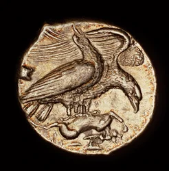 Sällsynt antikt grekiskt mynt, Silver Drachma, Agrigentum, Örn med Hare c 410 BC (foto)
