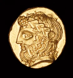 Sällsynt antikt grekiskt mynt, guld, thasos hemidrachm, Dionysos Vinets Gud c 380 BC (foto)