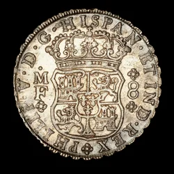 Sällsynt silvermynt, Spansk Amerika Kung Ferdinand VI, 8 Reale, Kronad sköld med Spanska Vapen 1740 (foto)