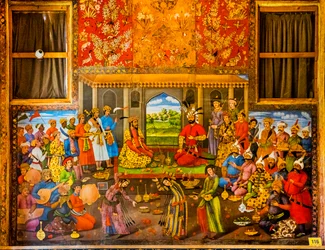 Mottagning av Mughal-härskaren Humayun 1544, fresker med höviska scener och stridsscener, Chehel Sotoun Palace, Isfahan, Isfahan, Iran, Asien (foto)