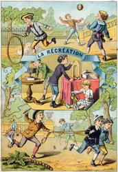 Rekreation på skolgården. Gravyr i "Alphabet des petits ecoliers". Avbildning av Epinal, cirka 1885. Privee Collection