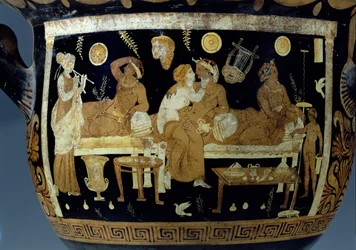 Röd och vit figurbegerkrater: detalj som visar bankettscen, grekiska (keramik) (detalj av 85012)