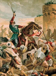 Representation av Cid, Rodrigo Diaz de Vivar (1043-1099), spansk riddare hjälte i Reconquista under belägringen av Valencia mot saracenerna 1099