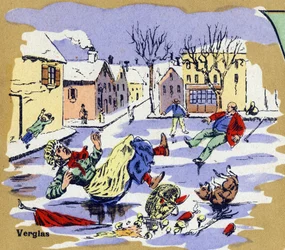 Invånare i en by halkar på is på vintern. Illustrerat alfabet. Bilder återförenades i Jarville-Nancy, början av 1900-talet. Mått: 40 x 29 cm. Litografi på en bistre bakgrund