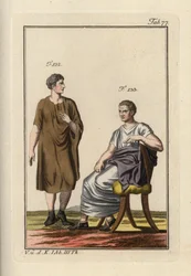 Romersk man som bär paenula och en sittande romersk senator. Handkolorerat kopparstick från Robert von Spalarts "Historical Picture of the Costumes of the Principal People of Antiquity and of the Middle Ages" (1798).