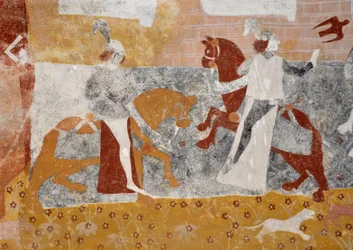 Romansk konst: Fresker i begravningskapellet Sainte Catherine de Jouhet, Vienne, Poitou-Charentes (Poitou Charentes), Frankrike. Mötet mellan de tre levande och de tre döda. (Här berättas om mötet mellan de tre unga och rika riddarna och de tre döda. "Wha
