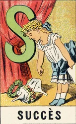S: Framgång - Gravyr hämtad från ABCD av små flickor. Pellerin & Cie, tryckare-förlag, Epinal, omkring 1890. Serie A. Mått: 19 x 13,5 cm.