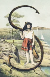 S: En ung flicka i kort kjol och ärmlöst liv håller en mandolin i sin vänstra hand. Landsdekor - Alfabettecken Ref Th. E., L. Theochrom - Serie 994. Theodor Eisman, förläggare, Leipzig