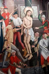Saint-Pierre le Vieux katolska kyrkan, Kristus i hans lidande, Flagelleringen, målning av Henri Lutzelman 1400-talet, Strasbourg, Frankrike. (Foto)
