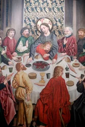 Saint-Pierre le Vieux katolska kyrkan, Kristus i hans passion, Den sista måltiden, Målning av Henri Lutzelman 1400-talet, Strasbourg, Frankrike (foto)