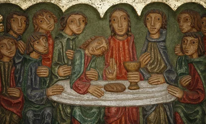 Saint-Samson-katedralens huvudaltarskulptur: Den sista måltiden (Claude Gruer 1980), Dol-de-Bretagne, Frankrike